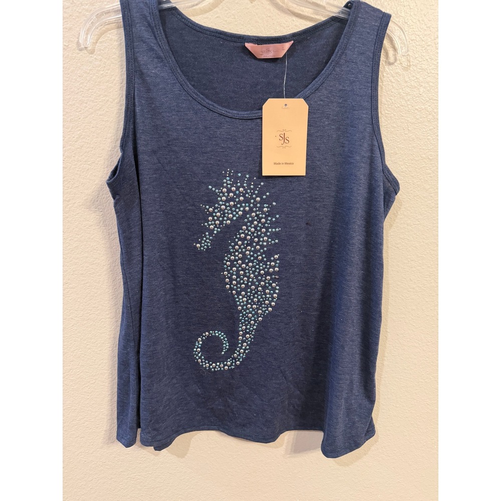SJS Seahorse Rhinestone Tank Top Womens Large Blue New NWT Embellished T8971SL